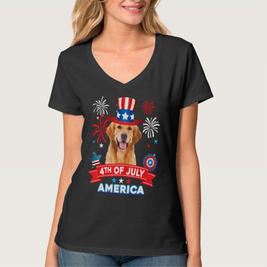 4th Of July Patriotic Day Golden Retriever Dog Ind Tシャツ (正面)