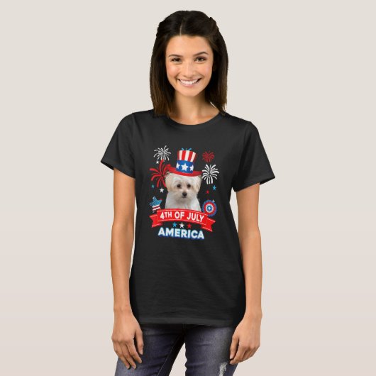4th Of July Patriotic Day Maltese Dog Independence Tシャツ (正面フル)