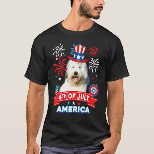 4th Of July Patriotic Day Old English Sheepdog Dog Tシャツ (正面)