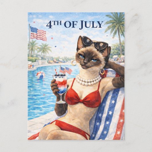 4th of July Pool Diva Cat Postcard シーズンポストカード (正面)