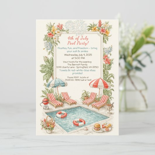 4th of July Pool Party Invitation – Elegant Line 招待状 (スタンド正面)