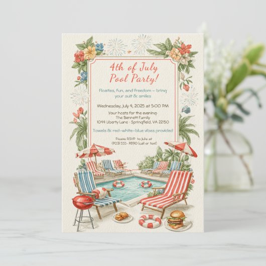 4th of July Pool Party Invitation – Elegant Line 招待状 (スタンド正面)