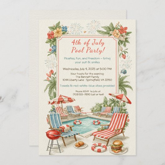 4th of July Pool Party Invitation – Elegant Line 招待状 (正面/裏面)