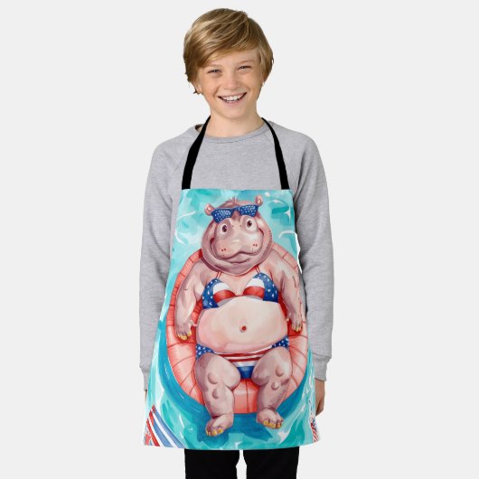 4th of July Pool Party with Hippo エプロン (着用した状態)