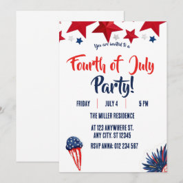 4th of July Red White Blue Fireworks Party  招待状