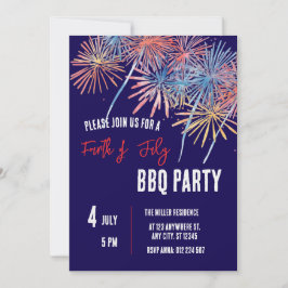 4th of July Red White Blue Fireworks Party  招待状