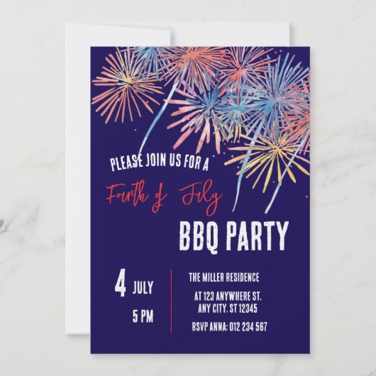 4th of July Red White Blue Fireworks Party  招待状 (正面)