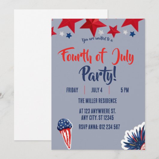 4th of July Red White Blue Fireworks Party  招待状 (正面/裏面)