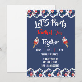 4th of July Red White Blue Fireworks Party  招待状