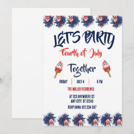 4th of July Red White Blue Fireworks Party  招待状