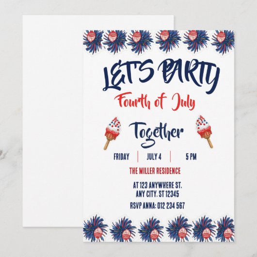 4th of July Red White Blue Fireworks Party  招待状 (正面/裏面)
