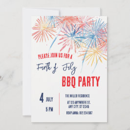 4th of July Red White Blue Fireworks Party  招待状