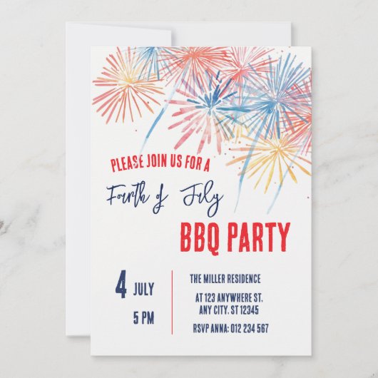 4th of July Red White Blue Fireworks Party  招待状 (正面)