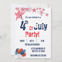 4th of July Red White Blue Fireworks Party  招待状