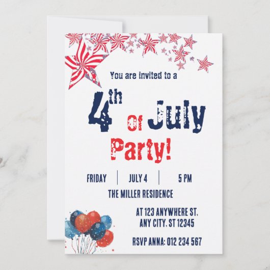 4th of July Red White Blue Fireworks Party  招待状 (正面)