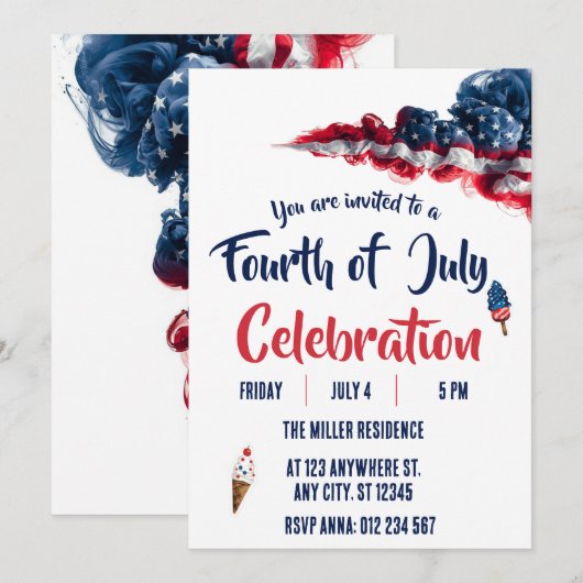 4th of July Red White Blue Fireworks Party  招待状 (正面/裏面)