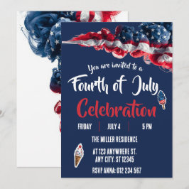 4th of July Red White Blue Fireworks Party  招待状