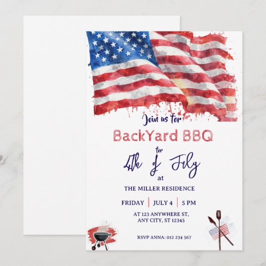 4th of July Red White Blue USA BBQ Party  招待状 (正面/裏面)