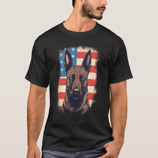 4th Of July US Flag Belgian Malinois Dog Tシャツ (正面)