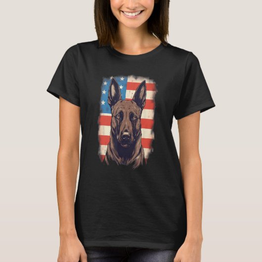4th Of July US Flag Belgian Malinois Dog Tシャツ (正面)