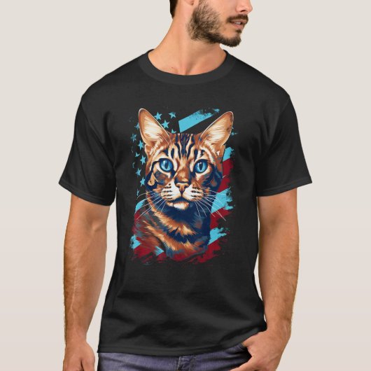 4th Of July US Flag Bengal Cat Tシャツ (正面)