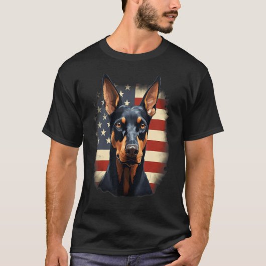 4th Of July US Flag Doberman Pinscher Dog Tシャツ (正面)