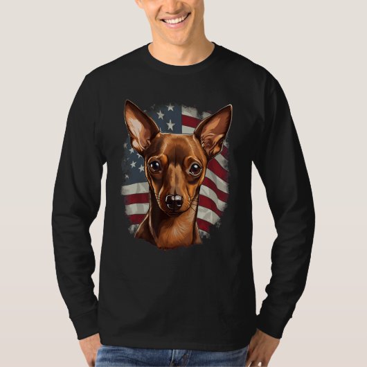 4th Of July US Flag Miniature Pinscher Dog Tシャツ (正面)