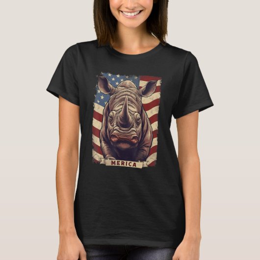 4th Of July US Flag Rhino Tシャツ (正面)
