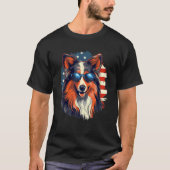 4th Of July US Flag Shetland Sheepdog Tシャツ (正面)