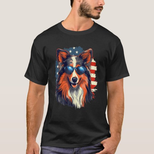 4th Of July US Flag Shetland Sheepdog Tシャツ (正面)