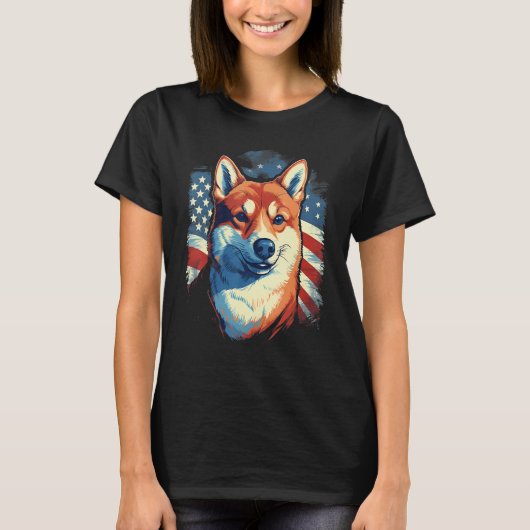 4th Of July US Flag Shiba Inu Dog Tシャツ (正面)