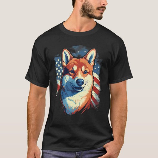 4th Of July US Flag Shiba Inu Dog Tシャツ (正面)
