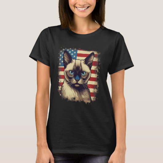 4th Of July US Flag Siamese Cat Tシャツ (正面)