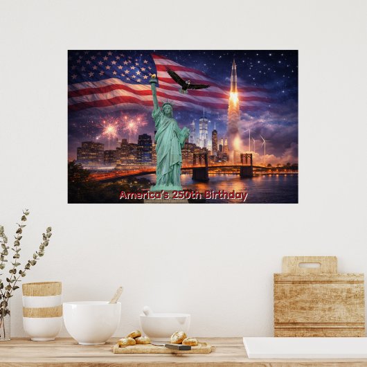 4th of July USA 250th Statue of Liberty Rocket ポスター (キッチン)