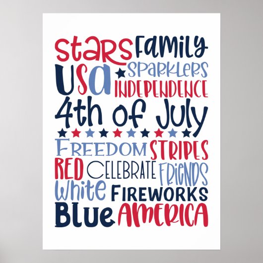 4th of July USA Red White Blue Modern Typography ポスター (正面)