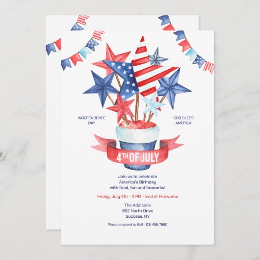 4th of July Watercolor  招待状 (正面/裏面)