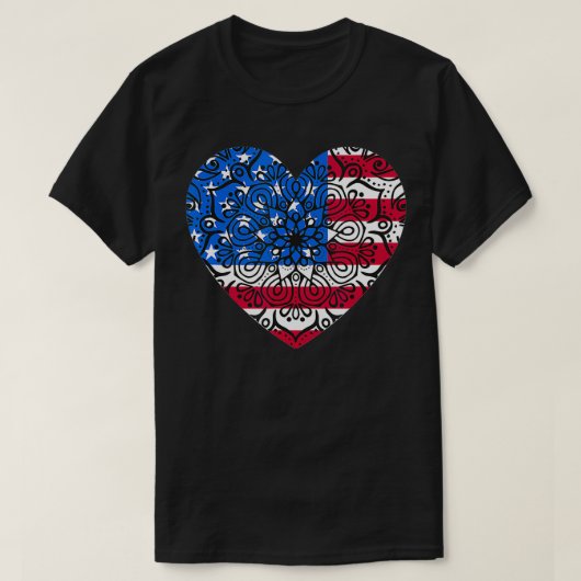 4th of July Women Girls Kids Mandala American Hear Tシャツ (デザイン正面)