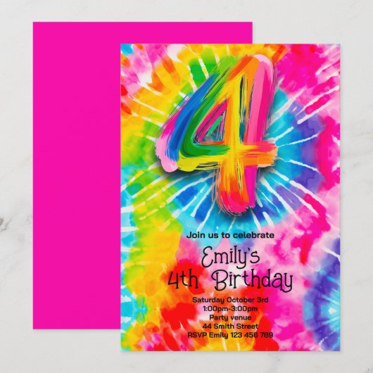 4th Tie Dye Birthday 招待状 (正面/裏面)