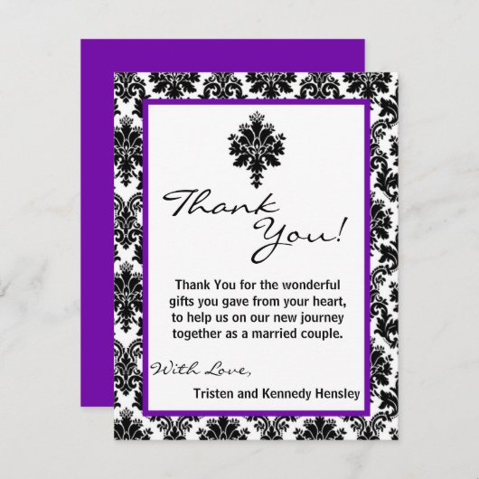 4x5フラットサンキューカードブラックパープルダマスクレース サンキューカード (正面/裏面)