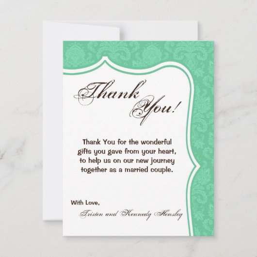 4x5フラットサンキューカードミントホワイトダマスクレース サンキューカード (正面)