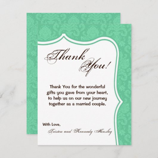 4x5フラットサンキューカードミントホワイトダマスクレース サンキューカード (正面/裏面)