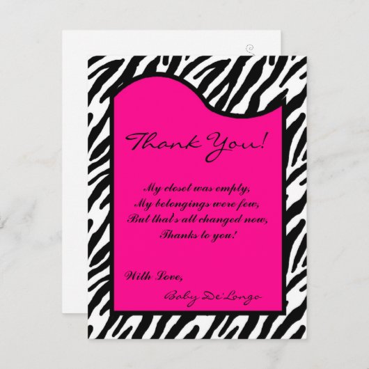 4x5平らなサンキューカードのショッキングピンクのシマウマのプリント サンキューカード (正面/裏面)