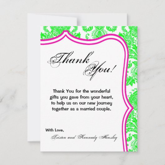 4x5平らなサンキューカードのネオン緑Pinのダマスク織のレース サンキューカード (正面)