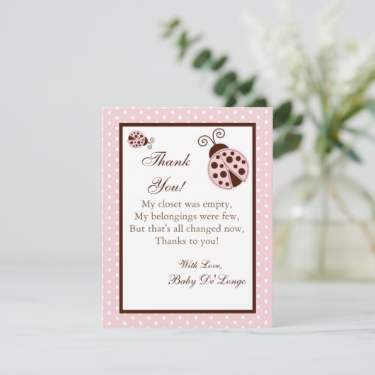 4x5平らなサンキューカードのピンクのてんとう虫 サンキューカード (スタンド正面)