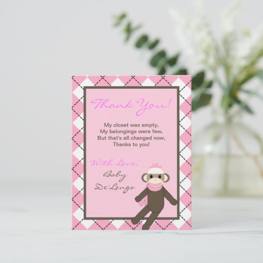 4x5平らなサンキューカードのピンクのアーガイル柄のなソックス猿 サンキューカード (スタンド正面)