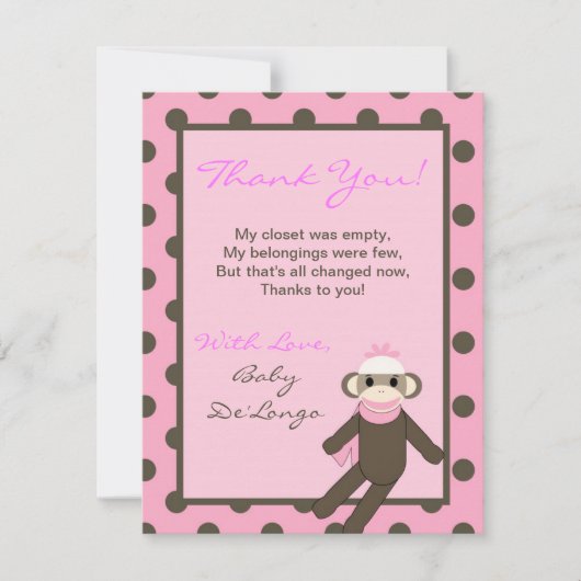 4x5平らなサンキューカードのピンクのソックス猿 サンキューカード (正面)