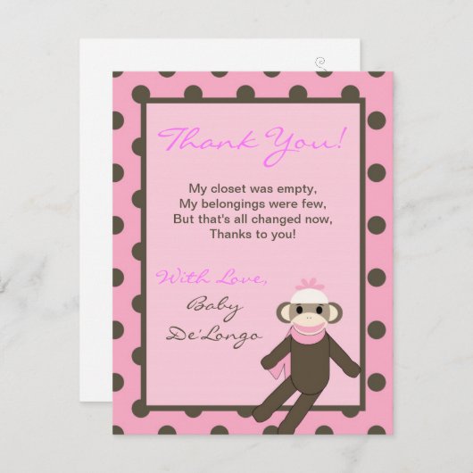 4x5平らなサンキューカードのピンクのソックス猿 サンキューカード (正面/裏面)