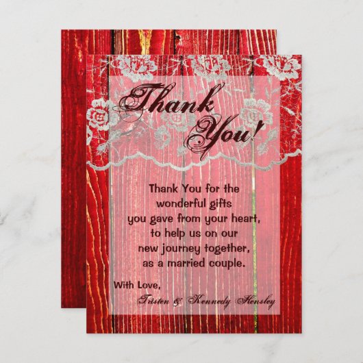 4x5平らなサンキューカードの国のレースの赤い洗浄木 サンキューカード (正面/裏面)