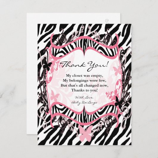 4x5平らなサンキューカードの女の子の蝶シマウマのプリント サンキューカード (正面/裏面)