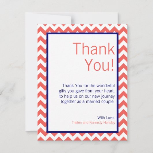 4x5平らなサンキューカードの珊瑚の濃紺シェブロン サンキューカード (正面)